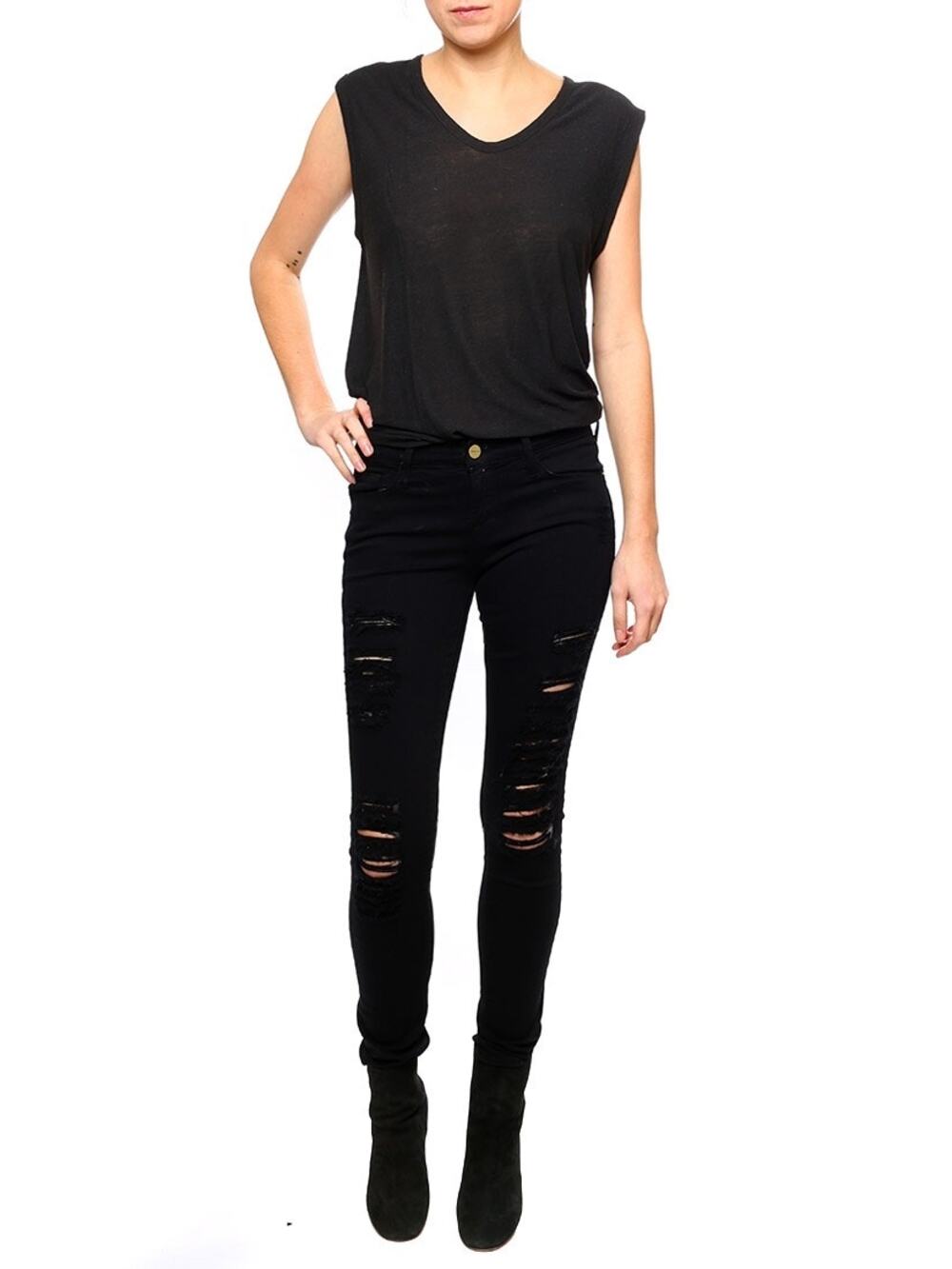 Frame Le Skinny de Jeanne Noir Jefferson Black Mid Rise Distressed Jeans Size 26